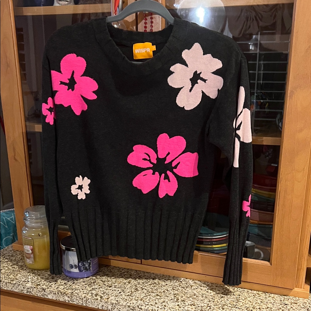 Wispr Black Sweater With Pink And Cream Floral Design